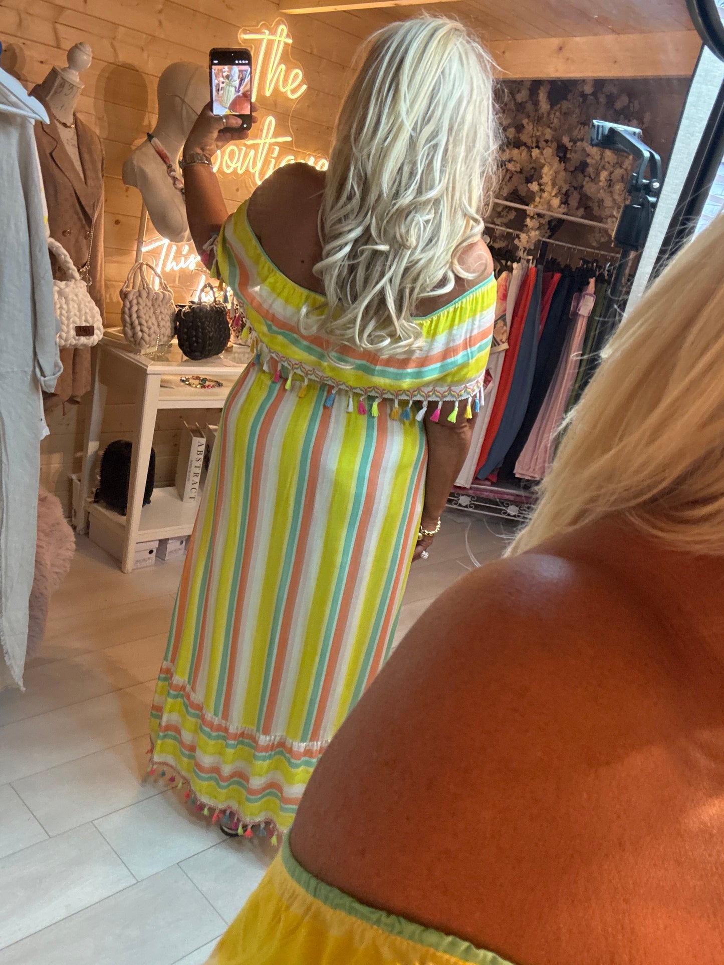 Fiesta Rainbow Stripe Bardot Tassel Dress | One Size 8-16
