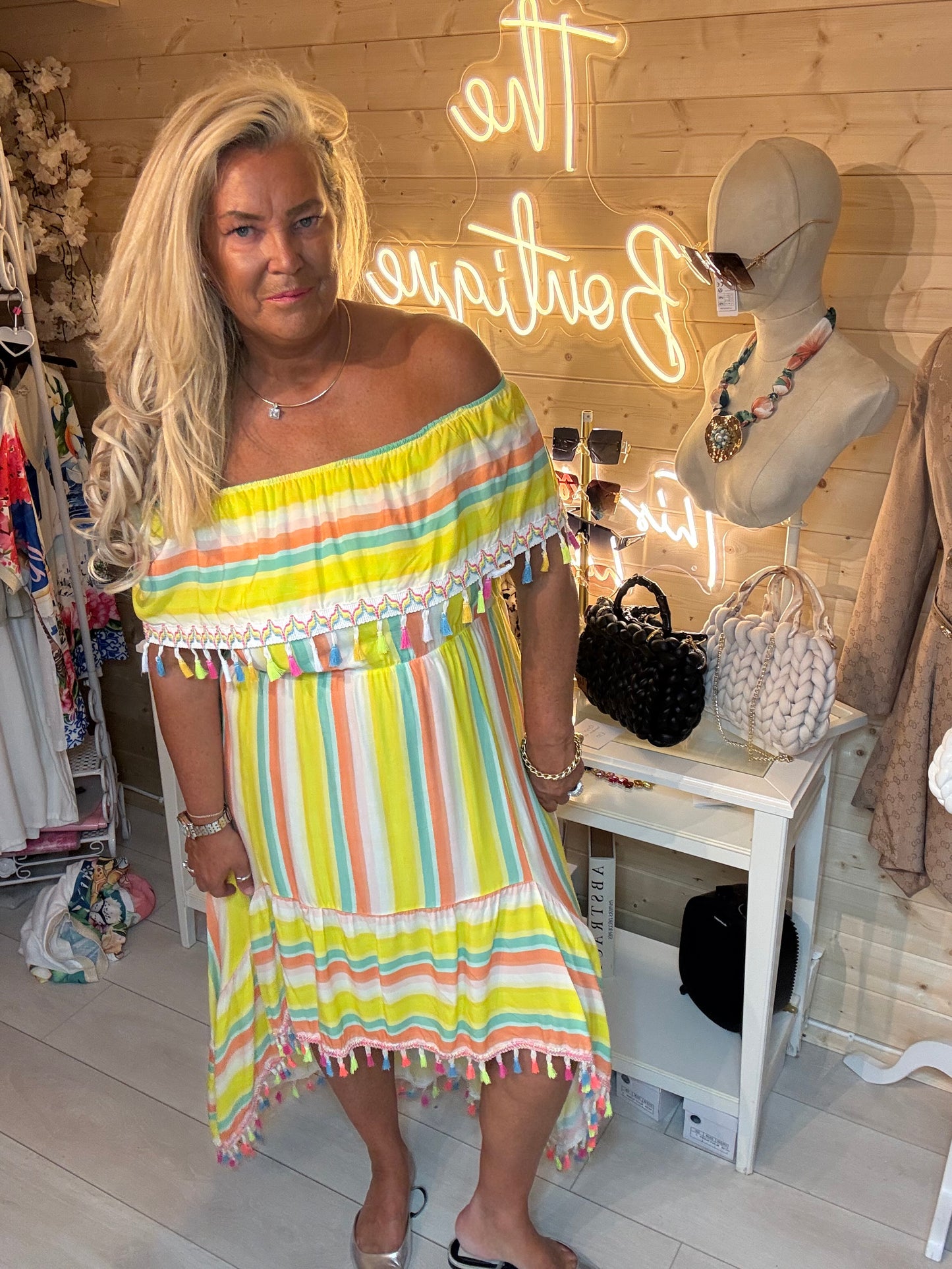 Fiesta Rainbow Stripe Bardot Tassel Dress | One Size 8-16