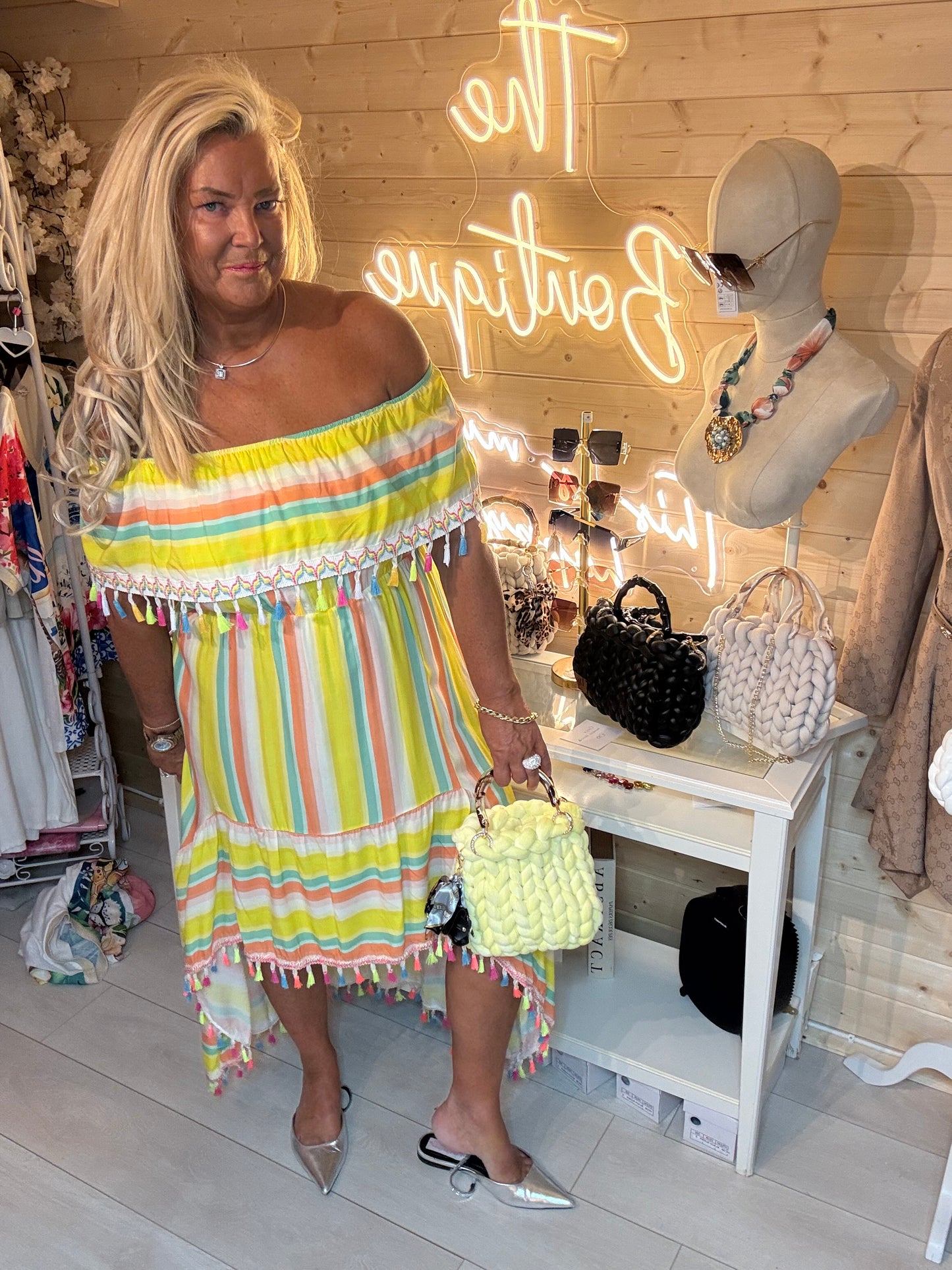 Fiesta Rainbow Stripe Bardot Tassel Dress | One Size 8-16