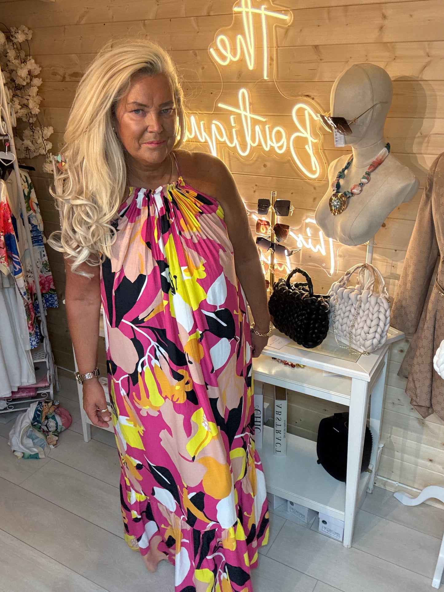 Magenta Abstract Floral Halterneck Maxi Dress | One Size 8-18