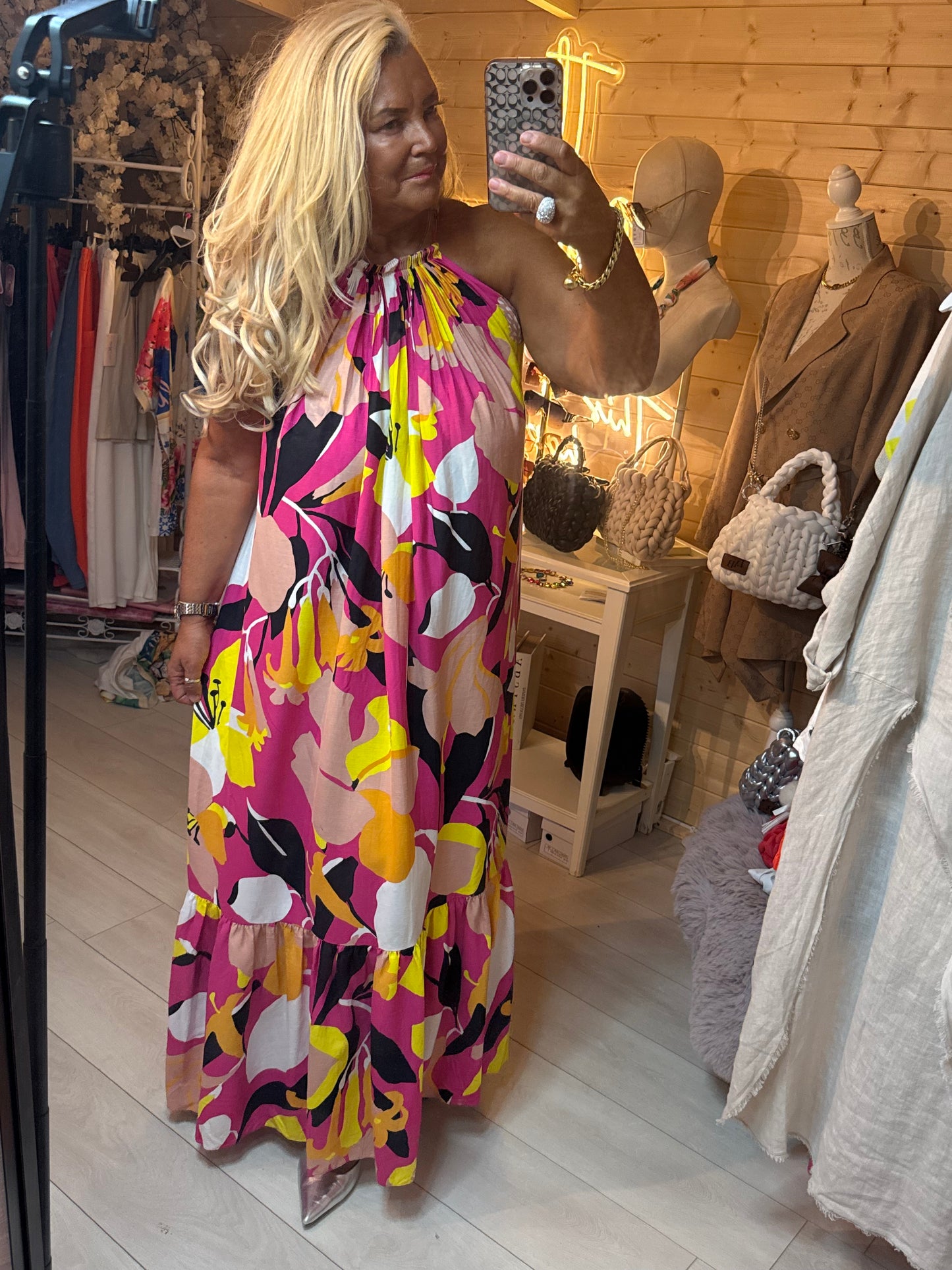Magenta Abstract Floral Halterneck Maxi Dress | One Size 8-18