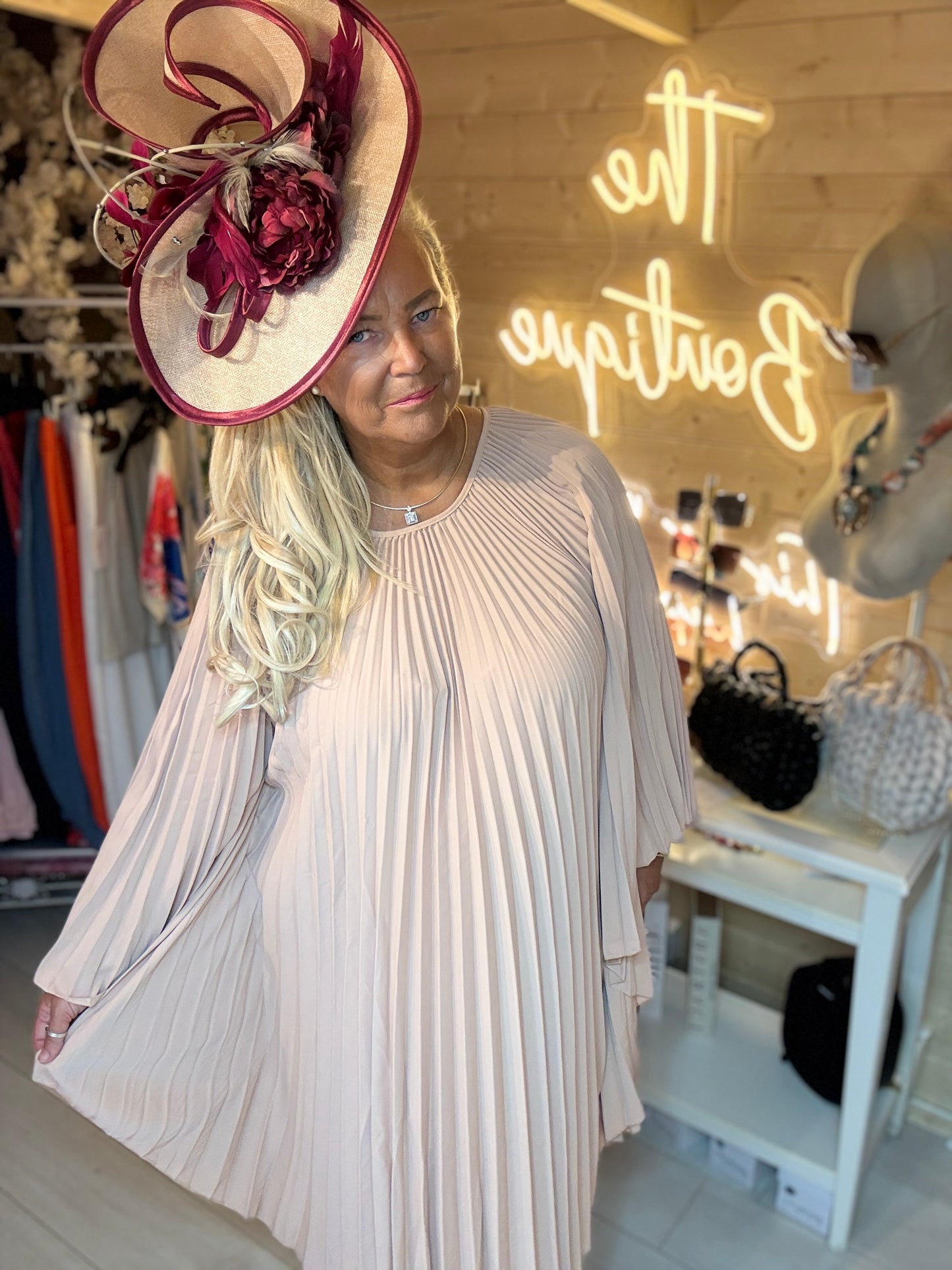 Ascot Mink Pleated Angel Sleeve Maxi Dress | One Size 8-22