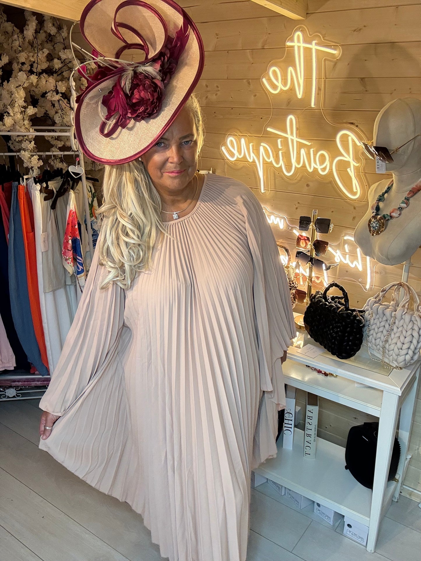 Ascot Mink Pleated Angel Sleeve Maxi Dress | One Size 8-22