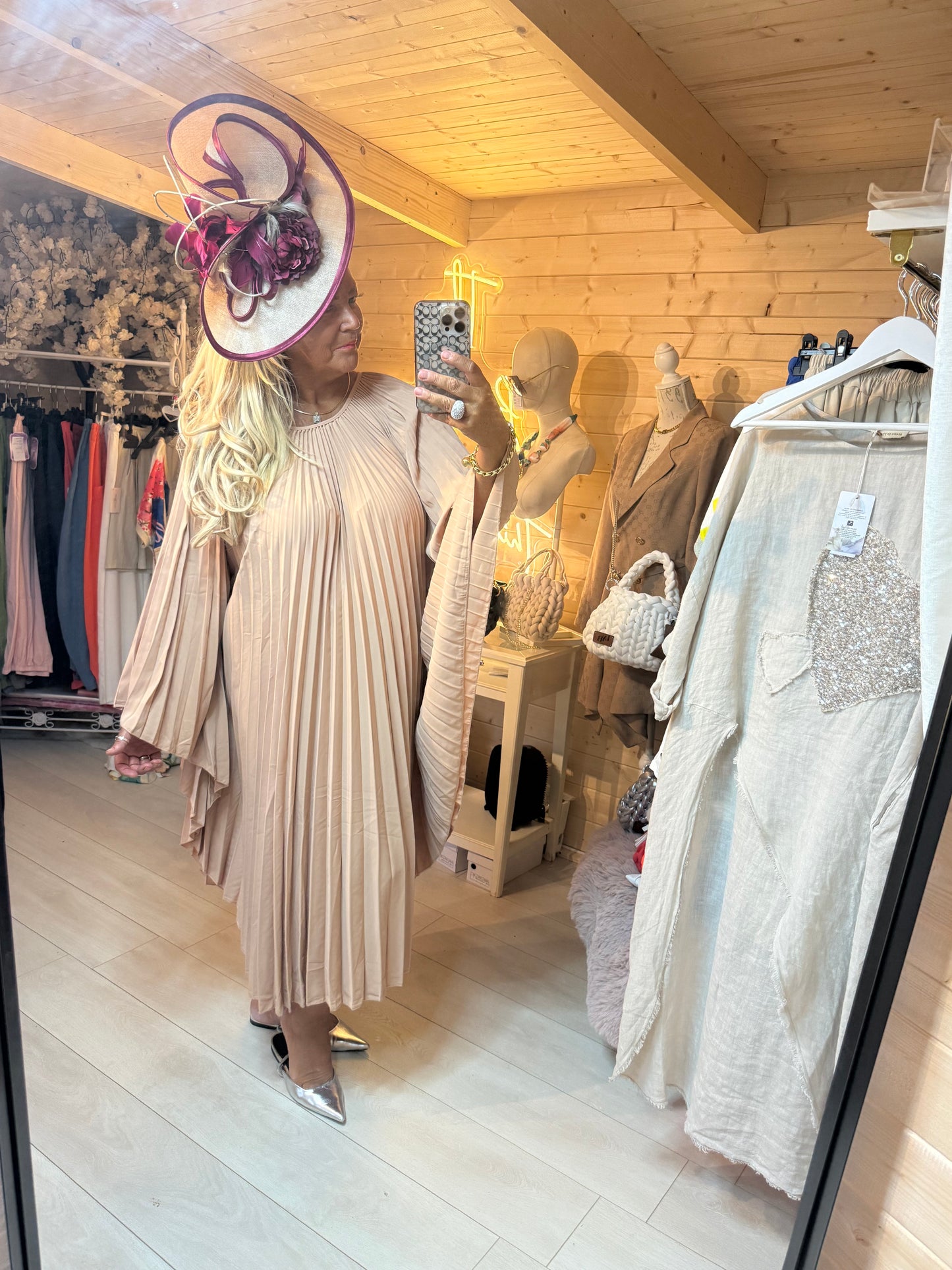 Ascot Mink Pleated Angel Sleeve Maxi Dress | One Size 8-22