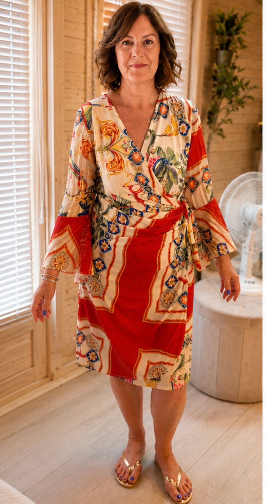 Venezia Baroque Scarf Print Wrap Dress with Bell Sleeves One Size 8-16