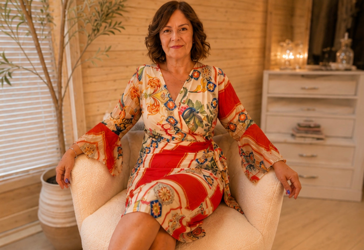 Venezia Baroque Scarf Print Wrap Dress with Bell Sleeves One Size 8-16