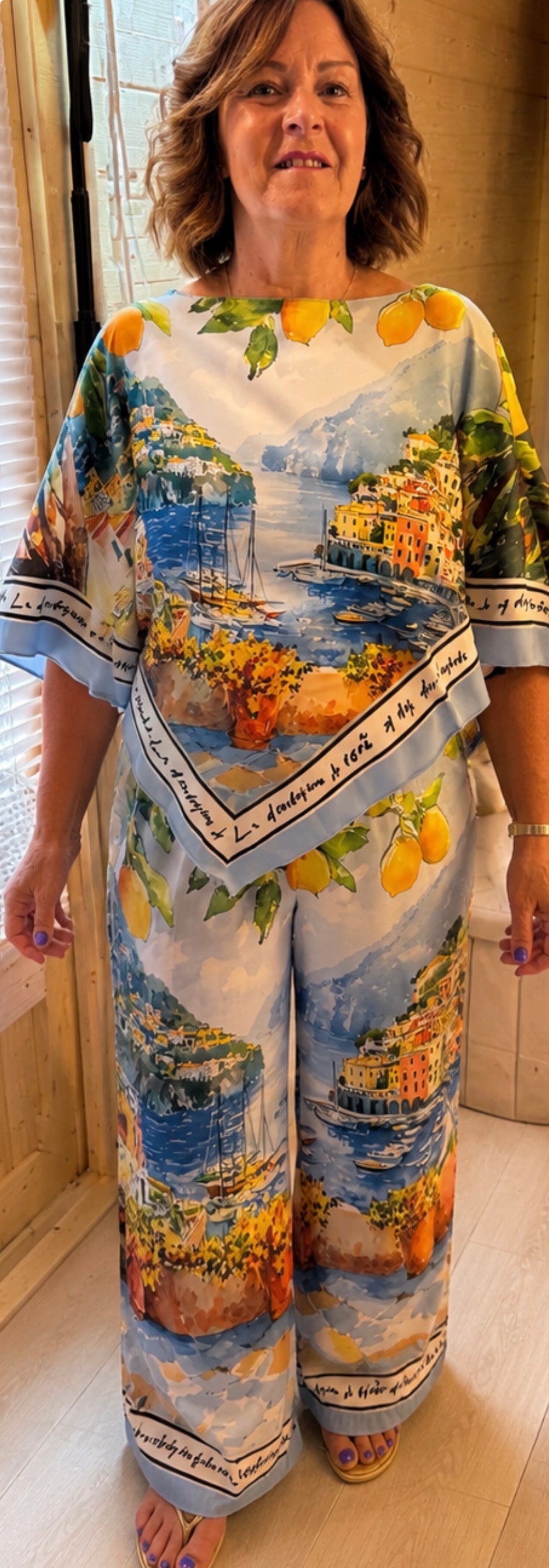 Amalfi Coast Lemon & Scenic Print Co-ord Top & Wide-Leg Trousers One Size 8-14