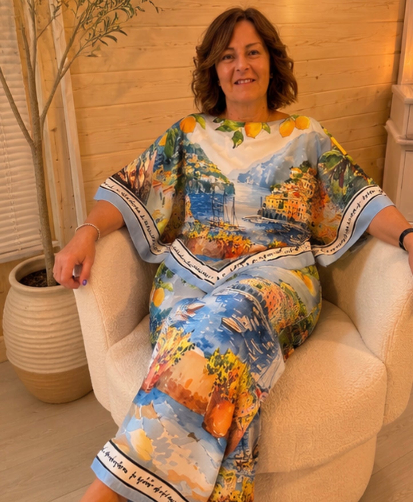 Amalfi Coast Lemon & Scenic Print Co-ord Top & Wide-Leg Trousers One Size 8-14