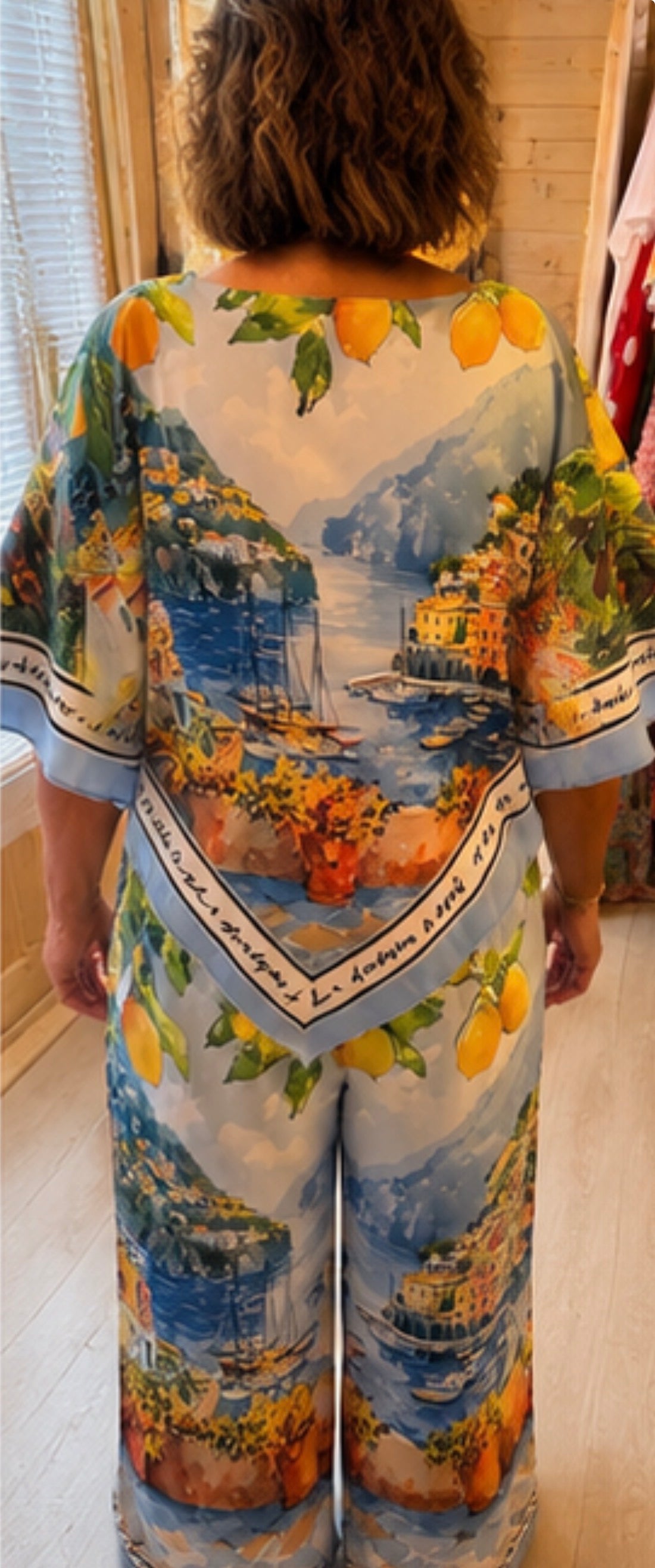 Amalfi Coast Lemon & Scenic Print Co-ord Top & Wide-Leg Trousers One Size 8-14