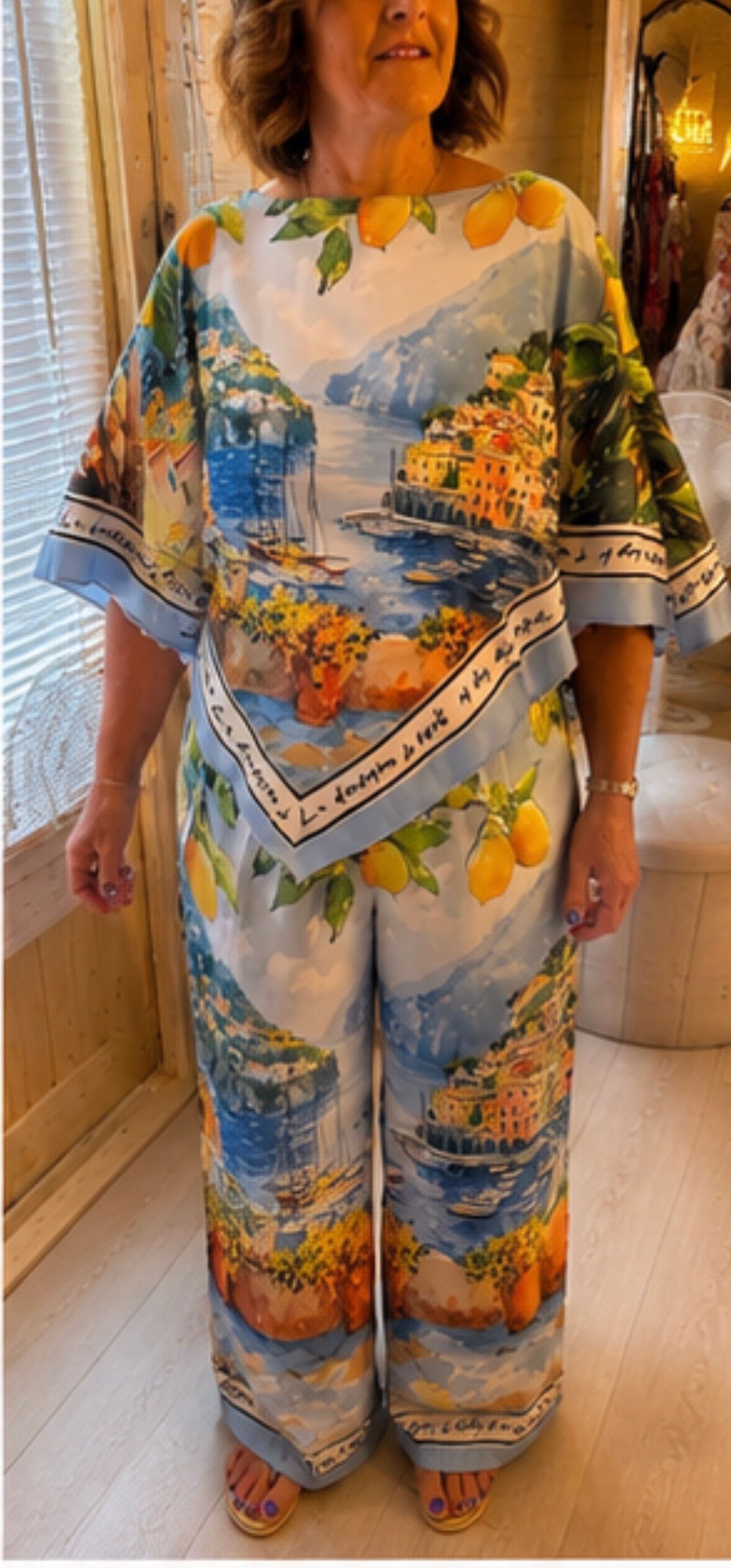 Amalfi Coast Lemon & Scenic Print Co-ord Top & Wide-Leg Trousers One Size 8-14