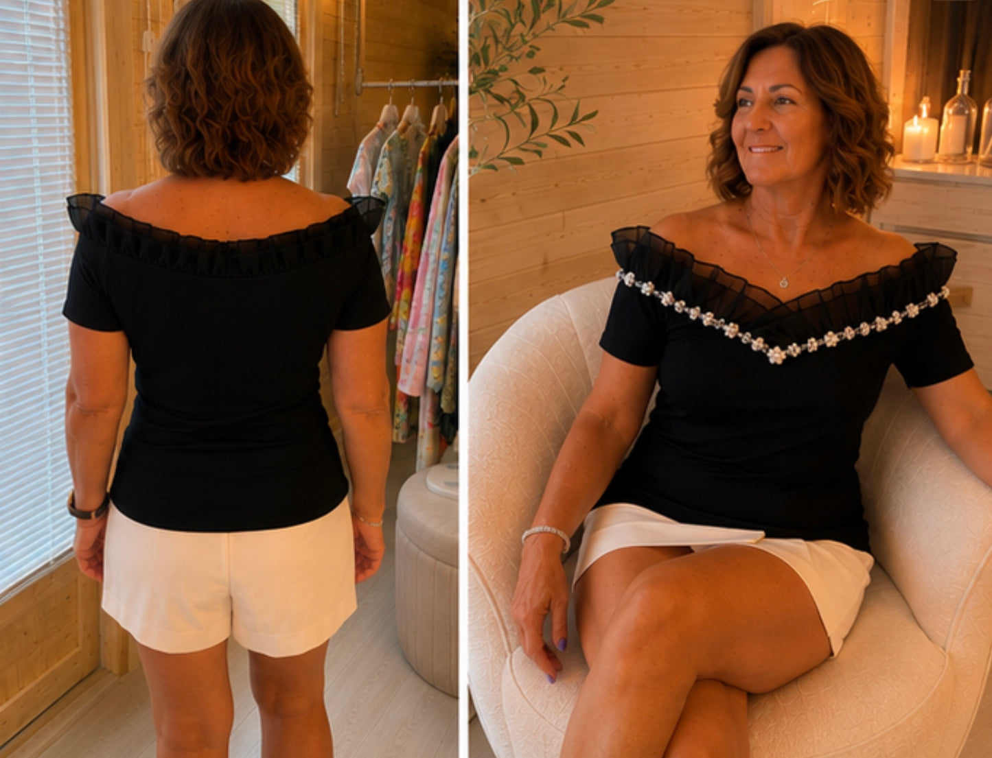Daisy Off-Shoulder Ruffle Daisy Chain Top White, Black/Cream or Black S/M & M/L