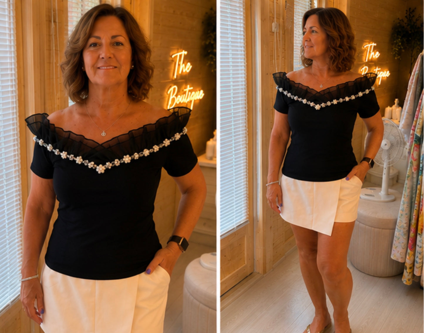 Daisy Off-Shoulder Ruffle Daisy Chain Top White, Black/Cream or Black S/M & M/L
