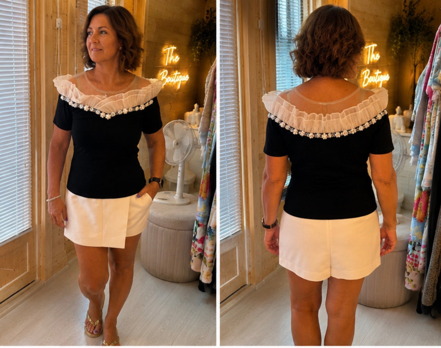 Daisy Off-Shoulder Ruffle Daisy Chain Top White, Black/Cream or Black S/M & M/L