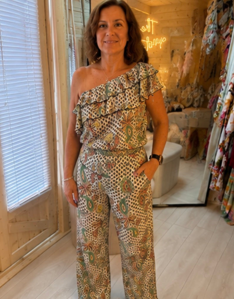 Mosaic One-Shoulder Ruffle Print Co-ord Top & Wide-Leg Trousers One Size 10-14