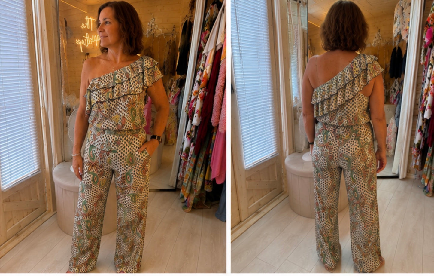 Mosaic One-Shoulder Ruffle Print Co-ord Top & Wide-Leg Trousers One Size 10-14