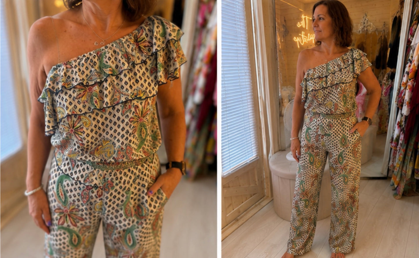 Mosaic One-Shoulder Ruffle Print Co-ord Top & Wide-Leg Trousers One Size 10-14