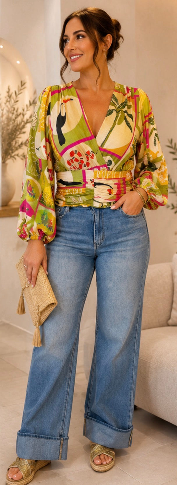 Toucan Tropical Print Wrap Blouse with Belt S/M/L