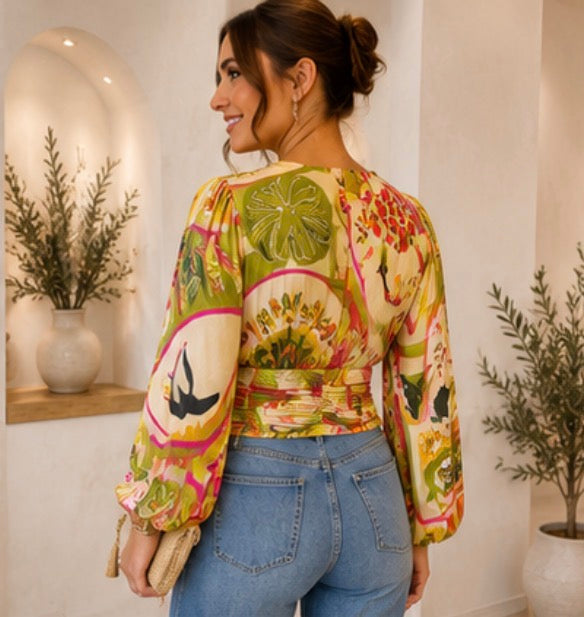 Toucan Tropical Print Wrap Blouse with Belt S/M/L