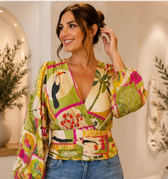 Toucan Tropical Print Wrap Blouse with Belt S/M/L