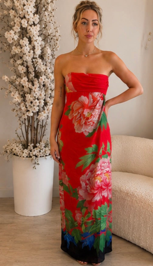 Lisha Red Peony Floral Strapless Maxi Dress Size 8