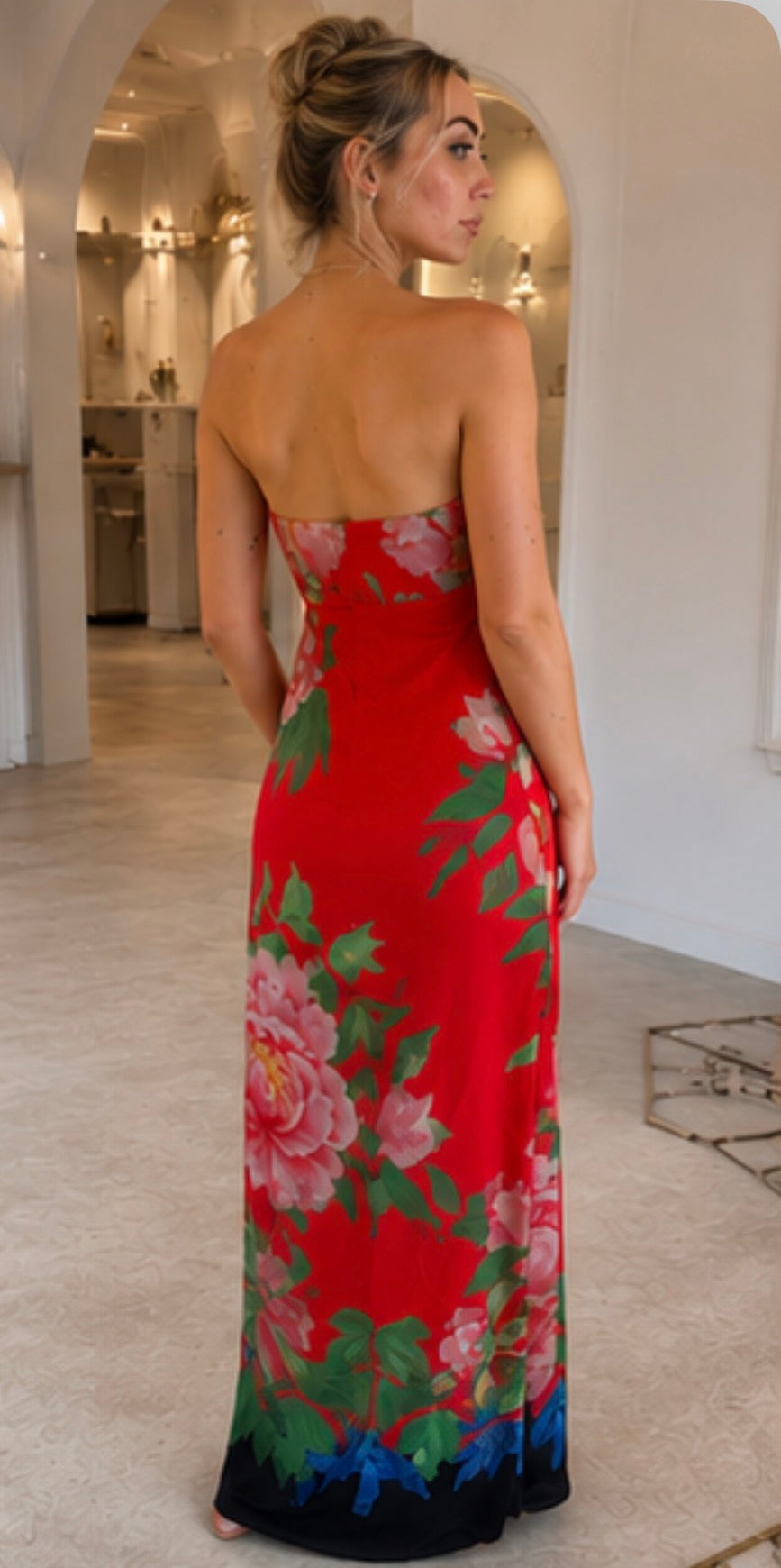 Lisha Red Peony Floral Strapless Maxi Dress Size 8