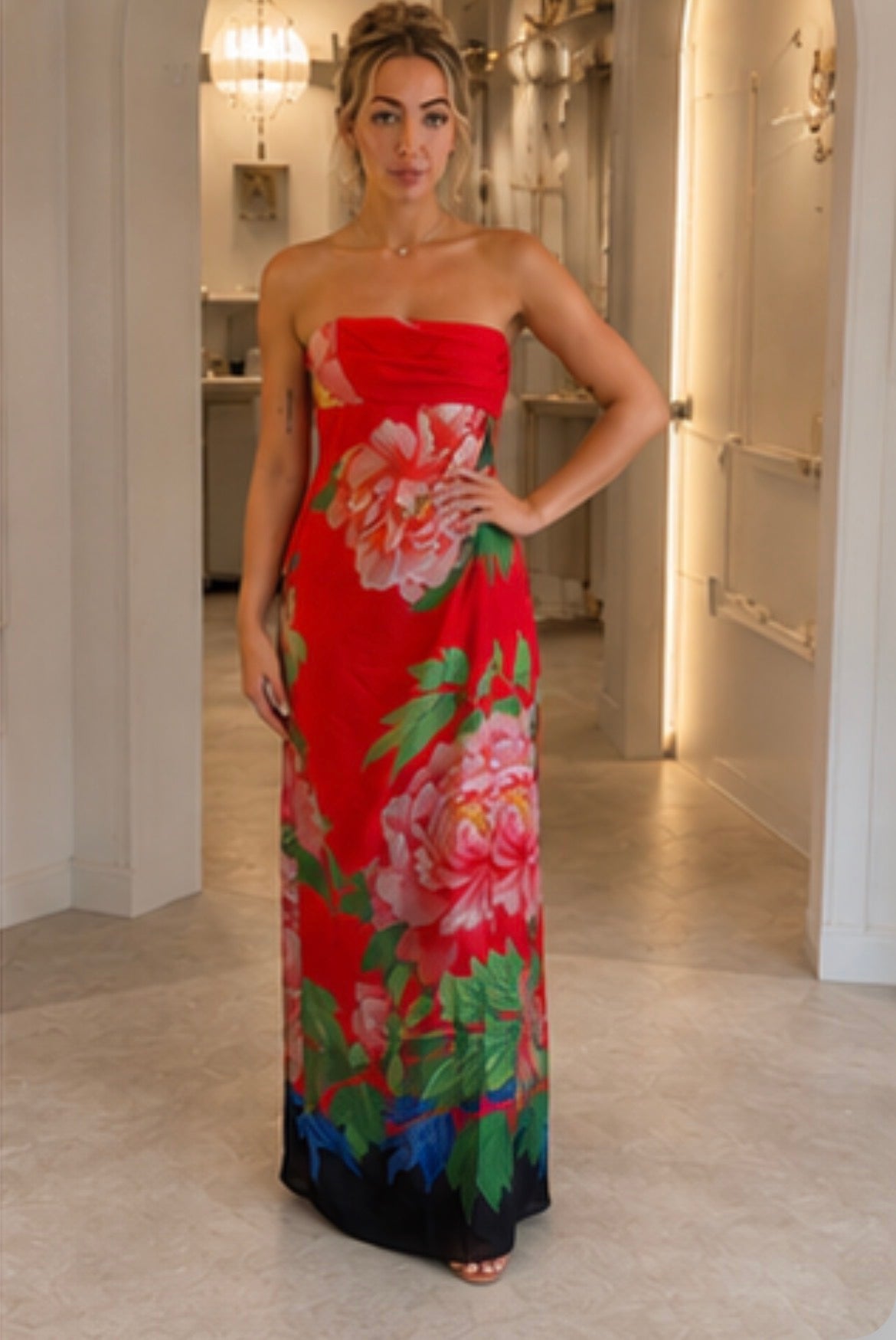 Lisha Red Peony Floral Strapless Maxi Dress Size 8