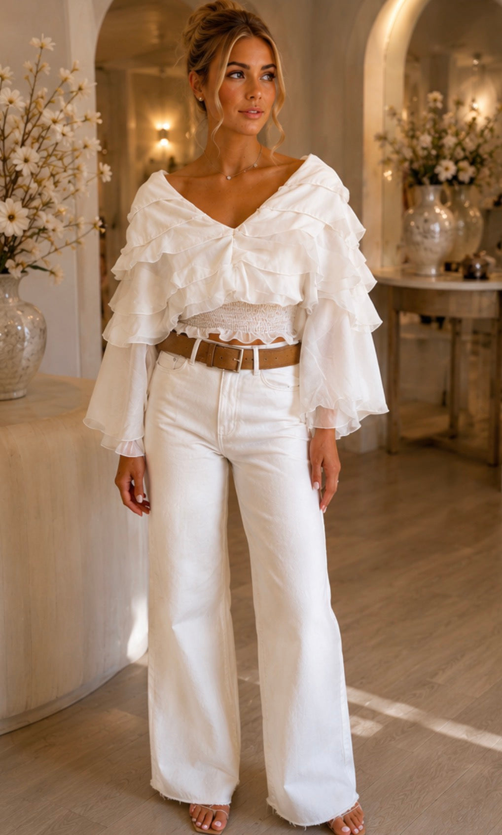 Alba White Tiered Ruffle V-Neck Crop Top S/M/L
