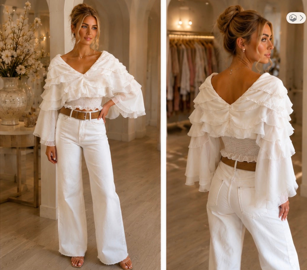 Alba White Tiered Ruffle V-Neck Crop Top S/M/L