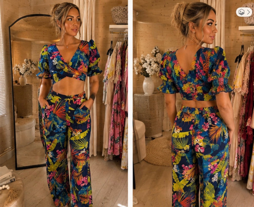 Tropica Navy Tropical Print 2-Piece Crop Top & Wide-Leg Trousers S/M/L