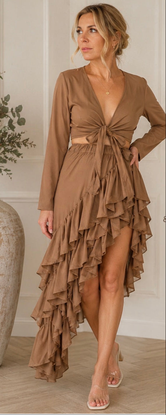 Cacao Mocha Tie-Front Crop Top & Ruffle Hi-Low Skirt Co-ord One Size 8-14