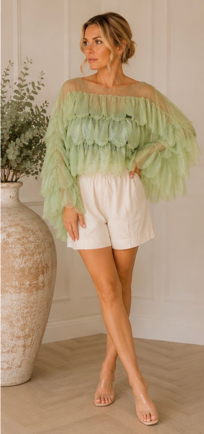 Plume Feather Petal Tulle Bardot Top Mint Green or Gold One Size 10-18