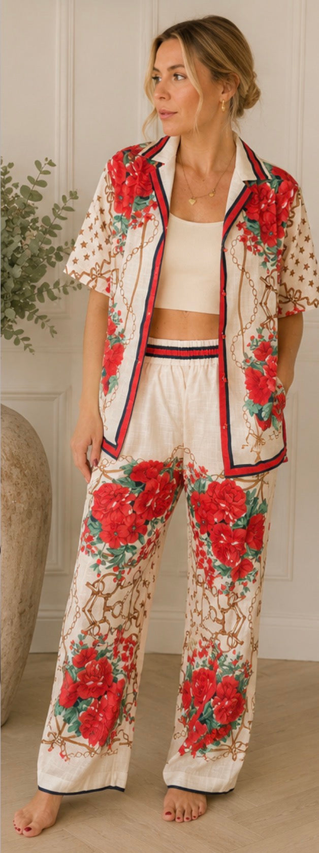 Fiore Red Rose & Gold Chain Print Co-ord Shirt & Wide-Leg Trousers One Size 8-16
