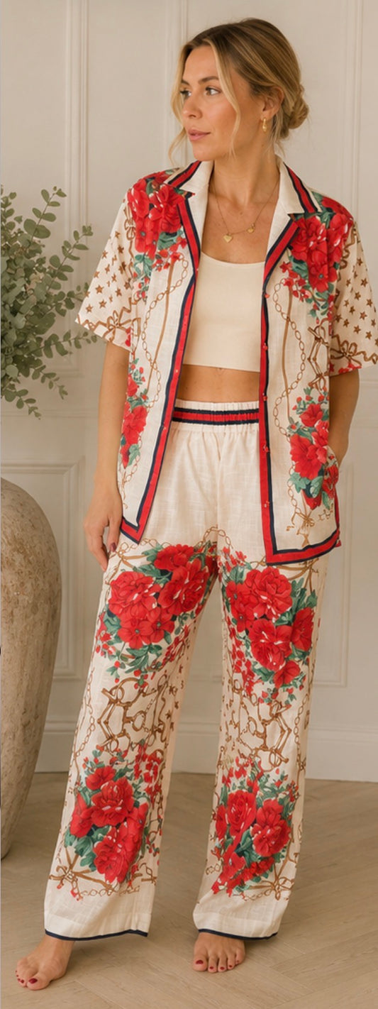 Fiore Red Rose & Gold Chain Print Co-ord Shirt & Wide-Leg Trousers One Size 8-16