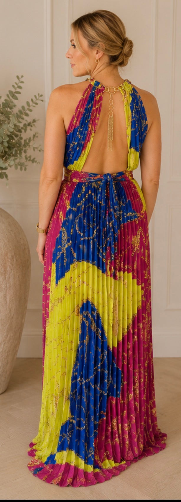 Capri Colour Block Chain Print Pleated Halterneck Maxi Dress One Size 8-14
