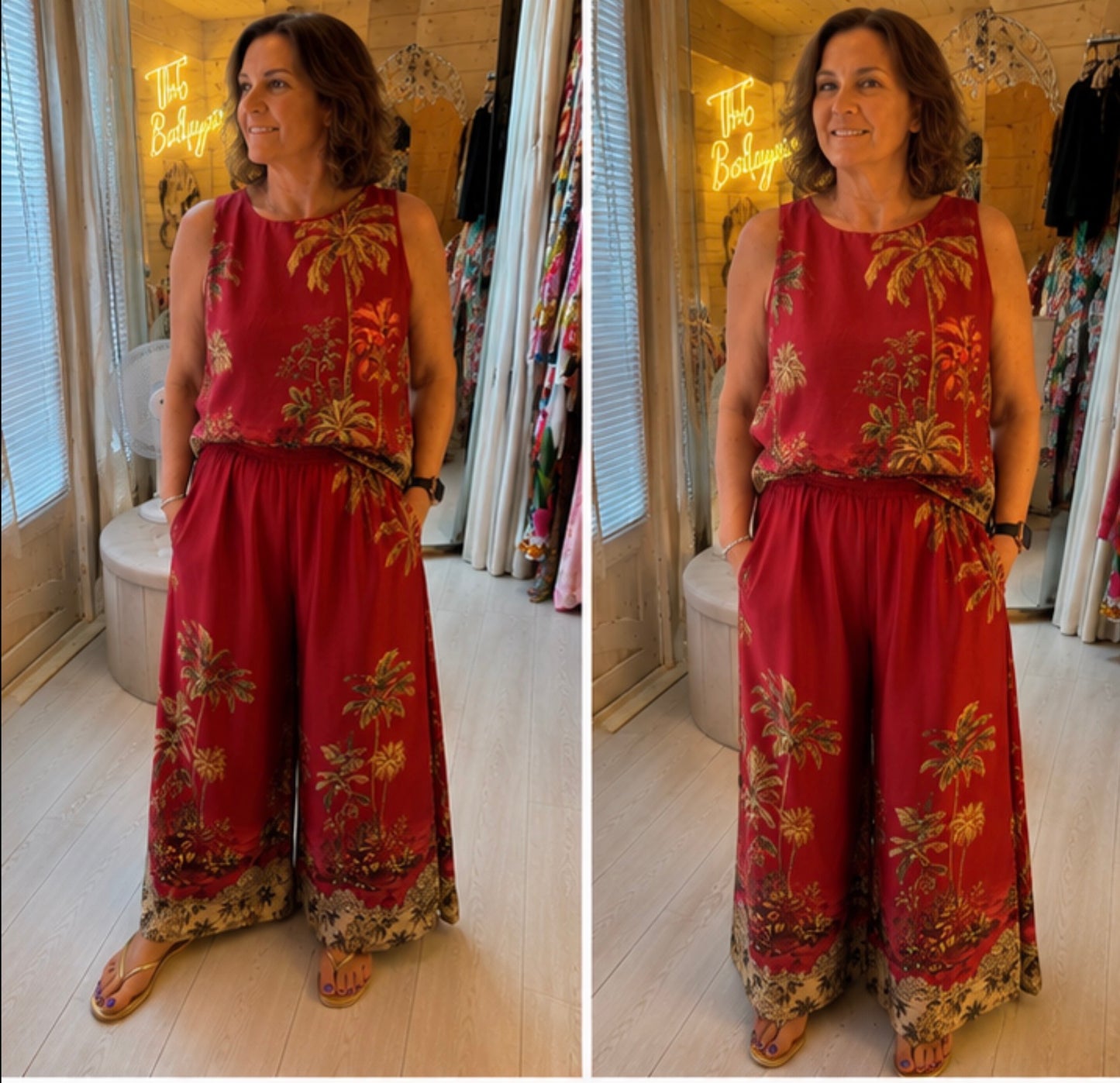 Palma Terracotta Palm Tree Print Vest Top & Wide-Leg Culottes Co-ord One Size 8-16