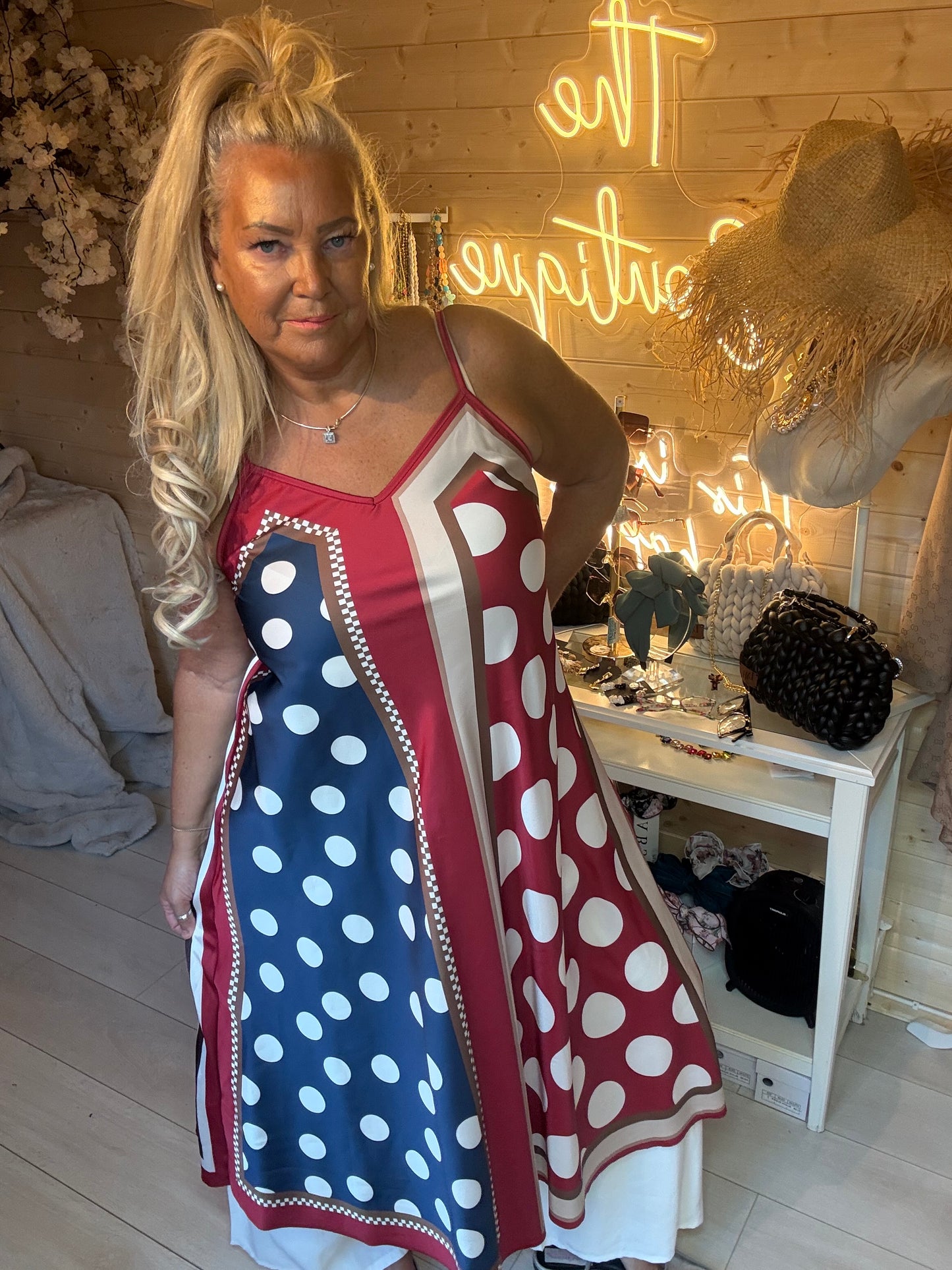 Monaco Colour Block Polka Dot Satin Maxi Dress One Size 8-16