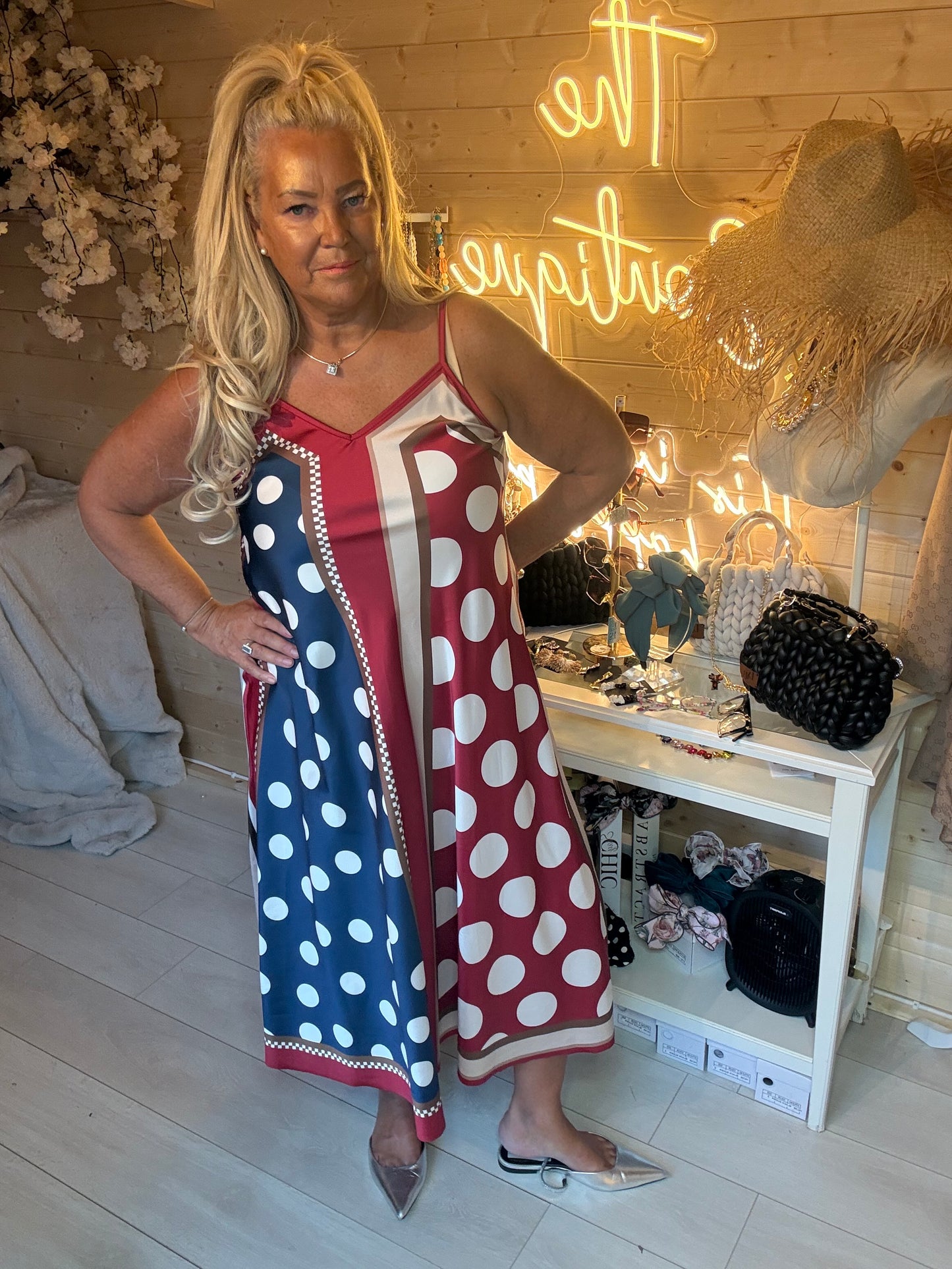 Monaco Colour Block Polka Dot Satin Maxi Dress One Size 8-16