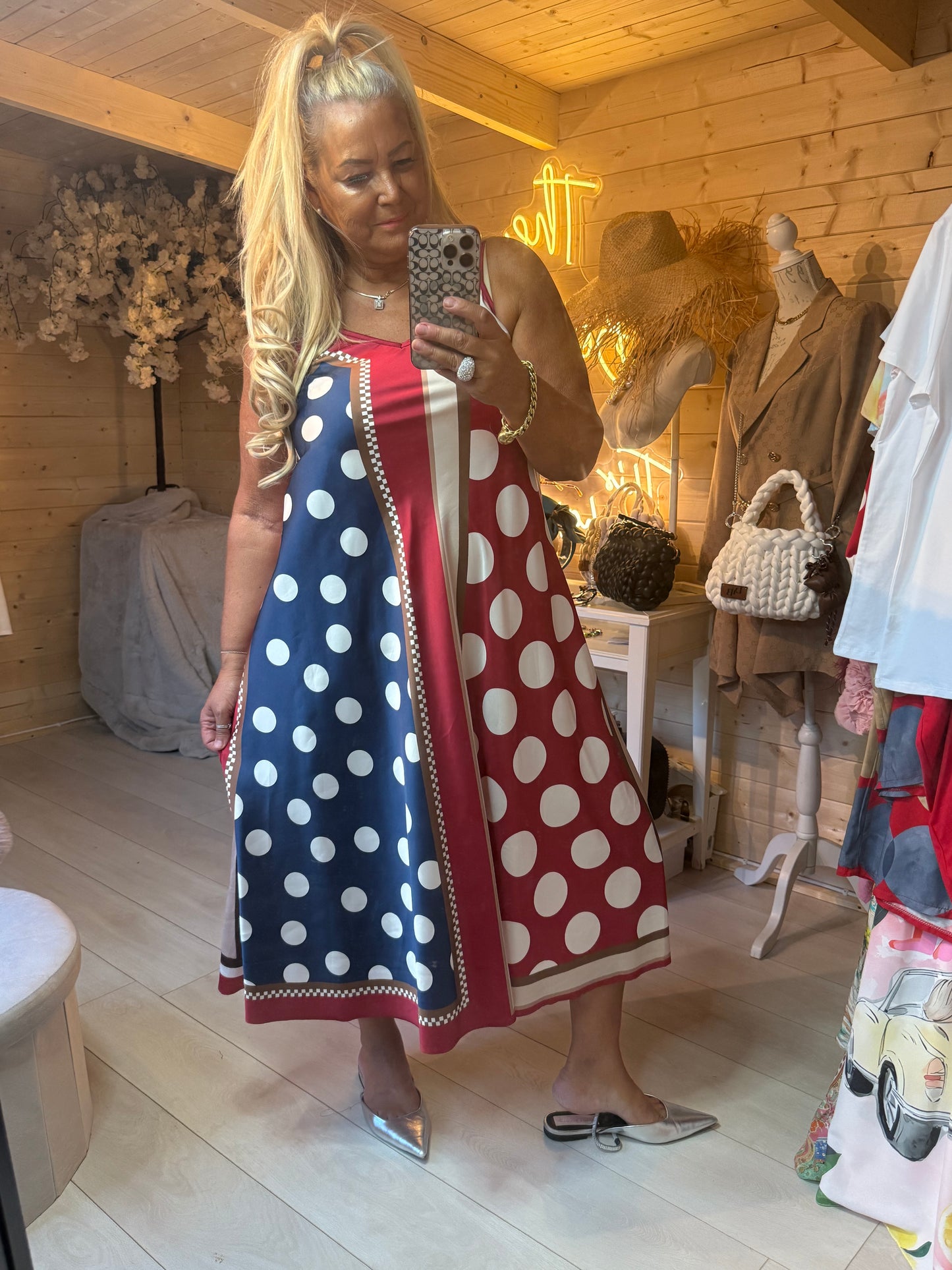 Monaco Colour Block Polka Dot Satin Maxi Dress One Size 8-16