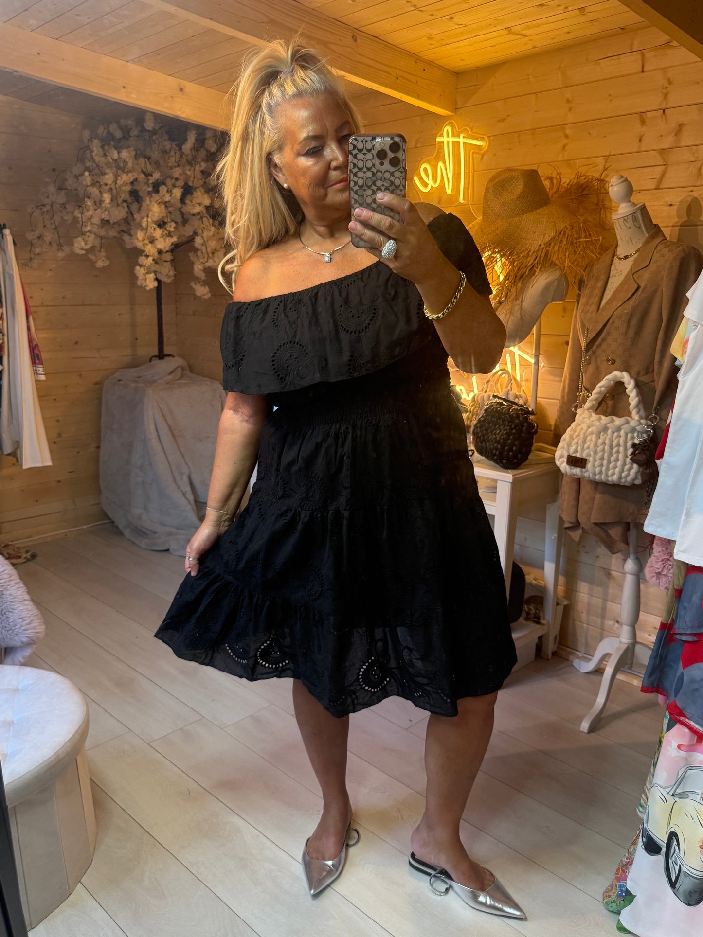 Noir Broderie Anglaise Off Shoulder Tiered Dress One Size 8-18