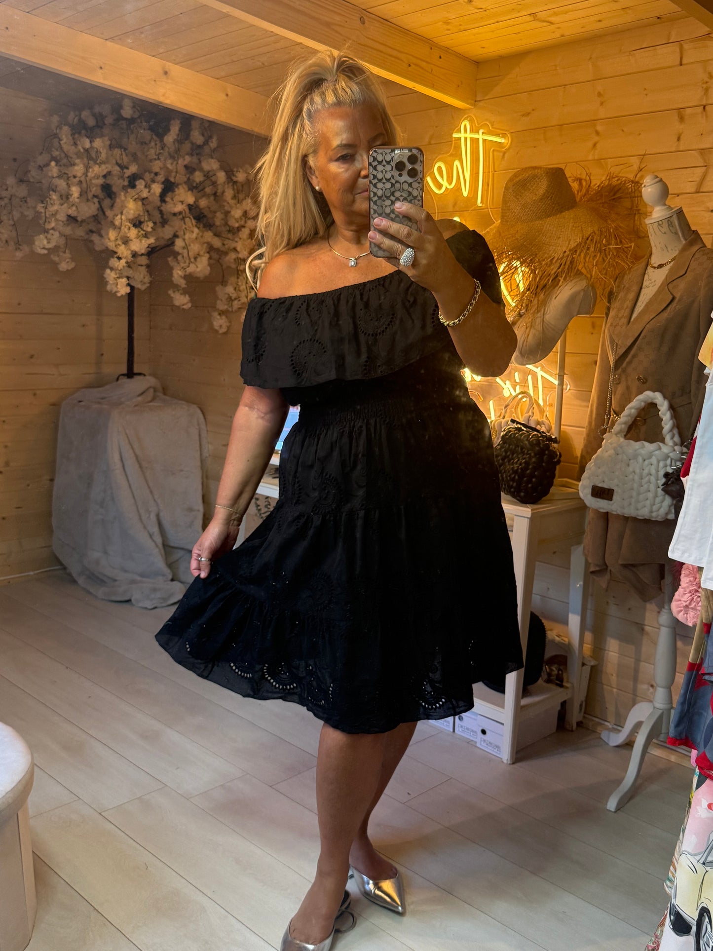 Noir Broderie Anglaise Off Shoulder Tiered Dress One Size 8-18