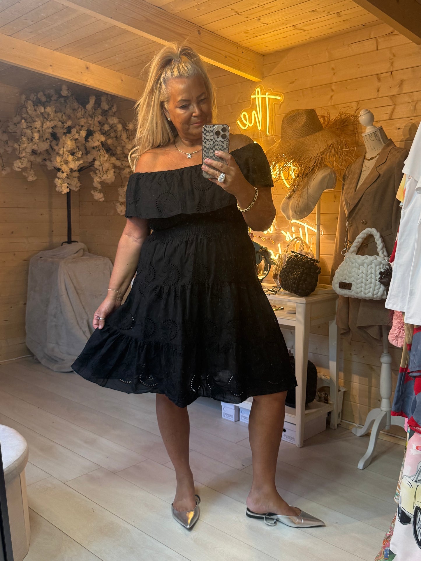 Noir Broderie Anglaise Off Shoulder Tiered Dress One Size 8-18