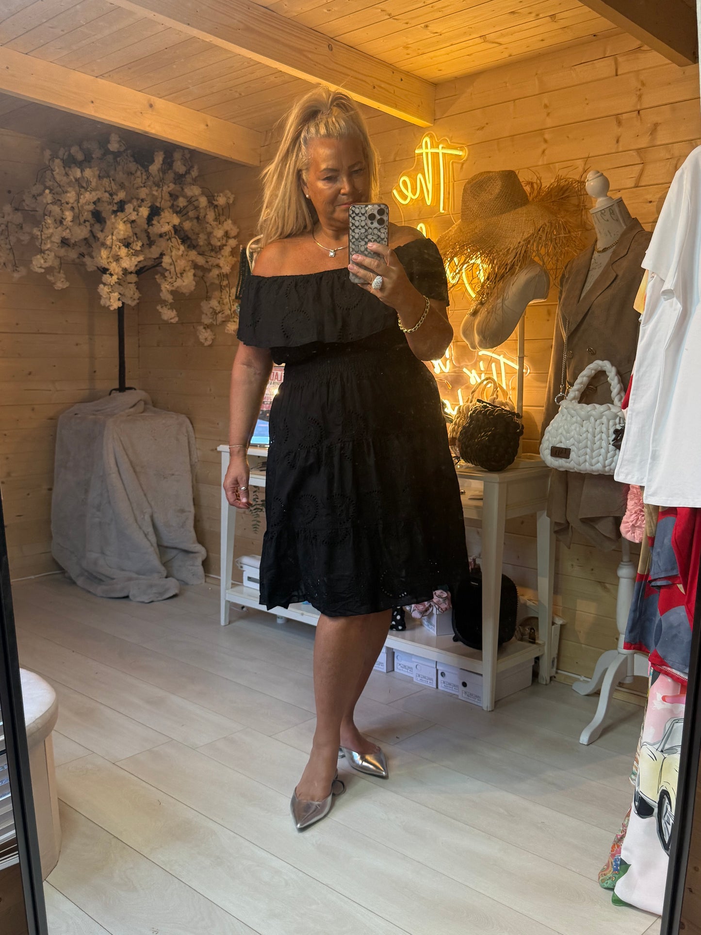 Noir Broderie Anglaise Off Shoulder Tiered Dress One Size 8-18