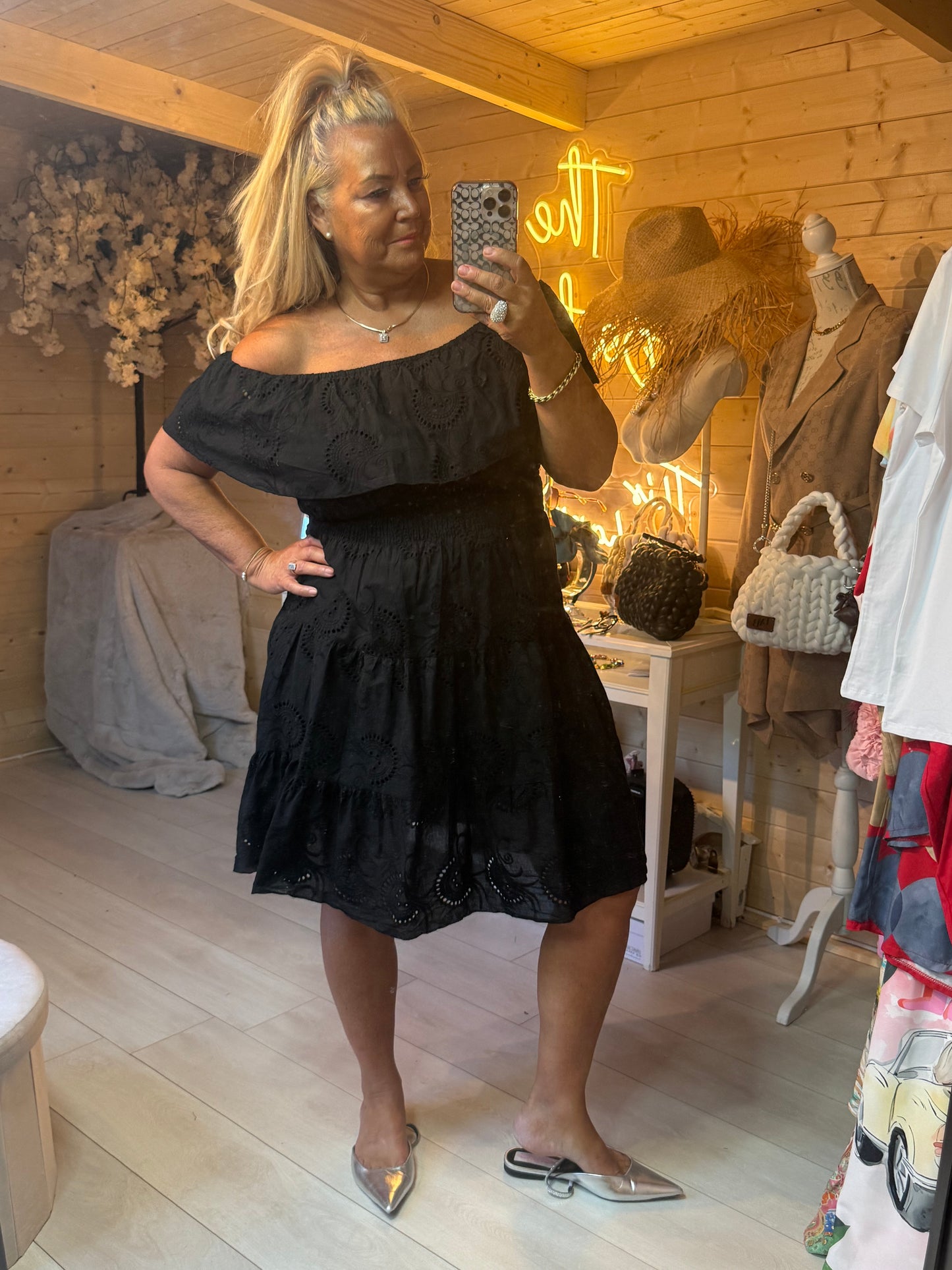 Noir Broderie Anglaise Off Shoulder Tiered Dress One Size 8-18
