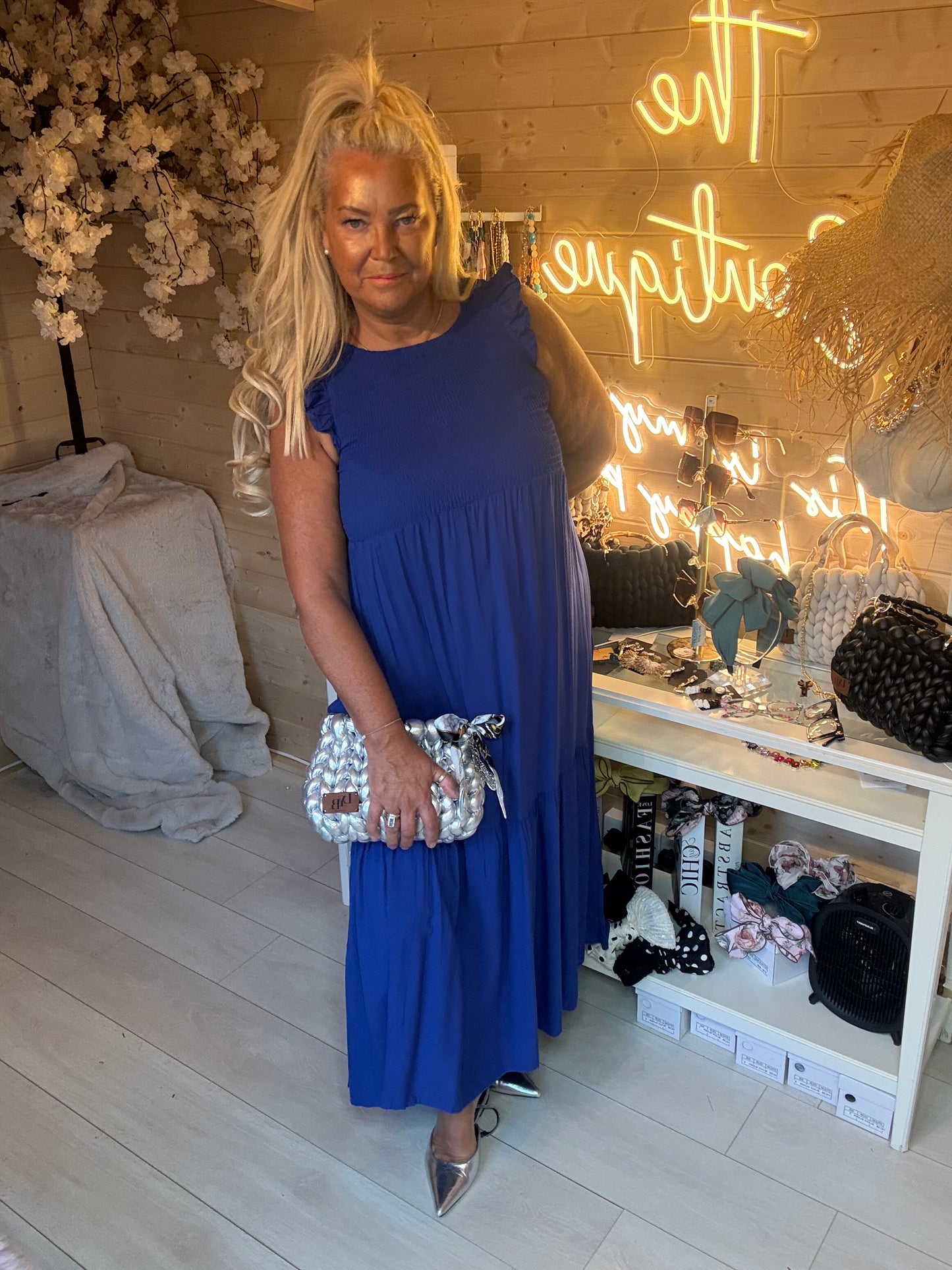 Cobalt Smocked Ruffle Sleeve Tiered Maxi Dress One Size 8-18