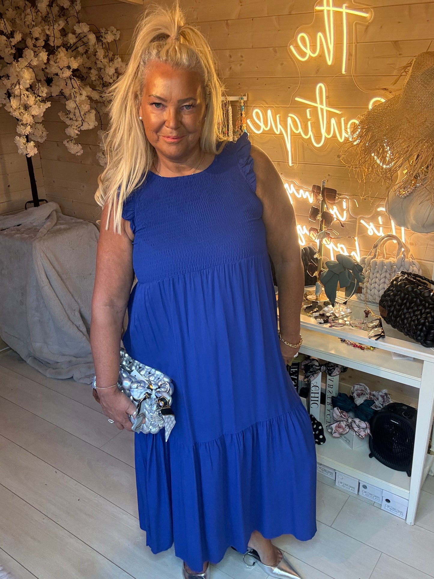 Cobalt Smocked Ruffle Sleeve Tiered Maxi Dress One Size 8-18