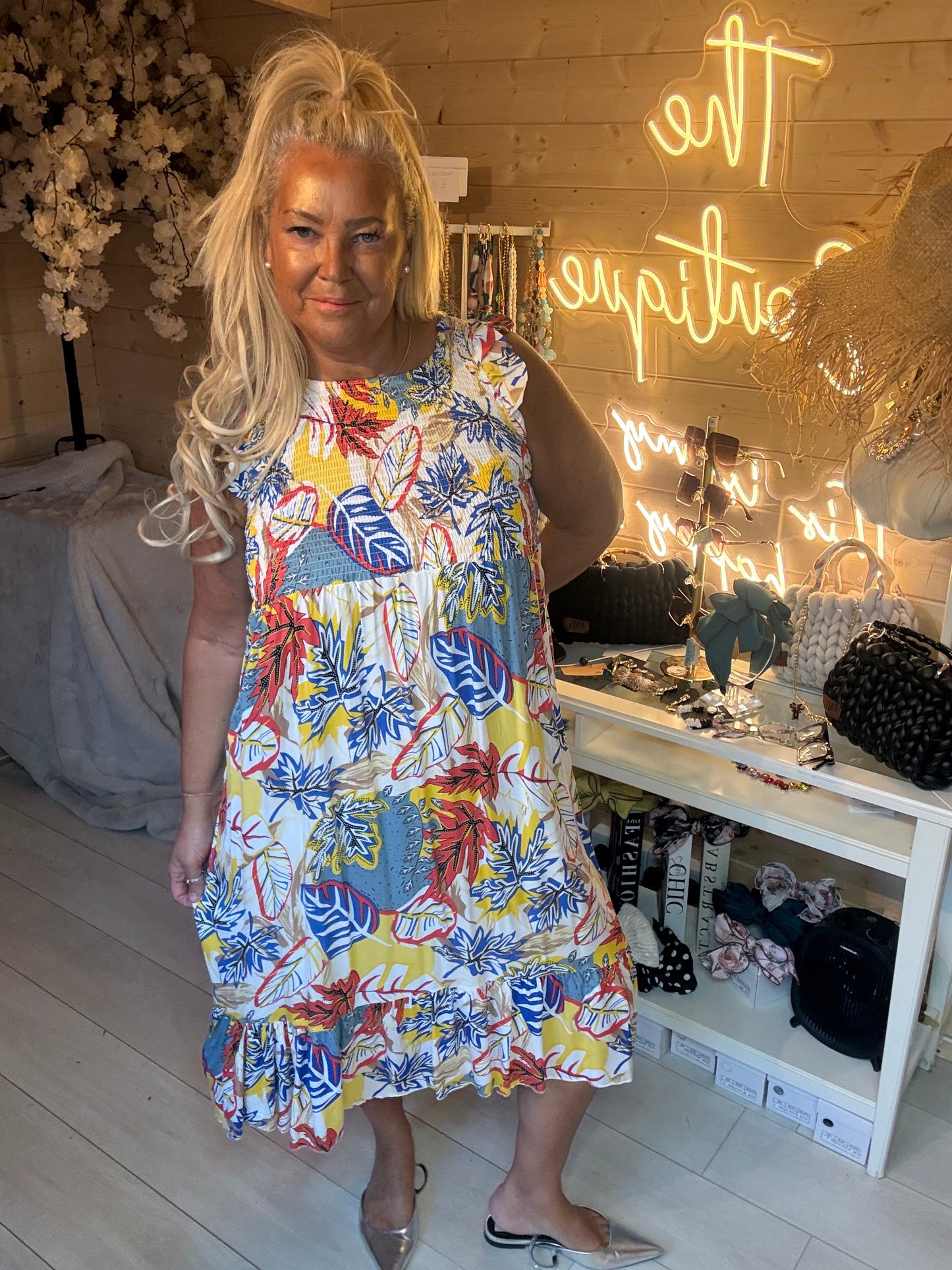 Tropez Tropical Print Smocked Tiered Midi Dress One Size 8-18