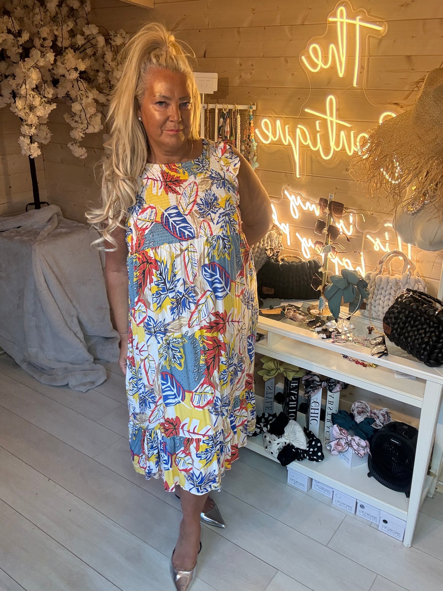 Tropez Tropical Print Smocked Tiered Midi Dress One Size 8-18