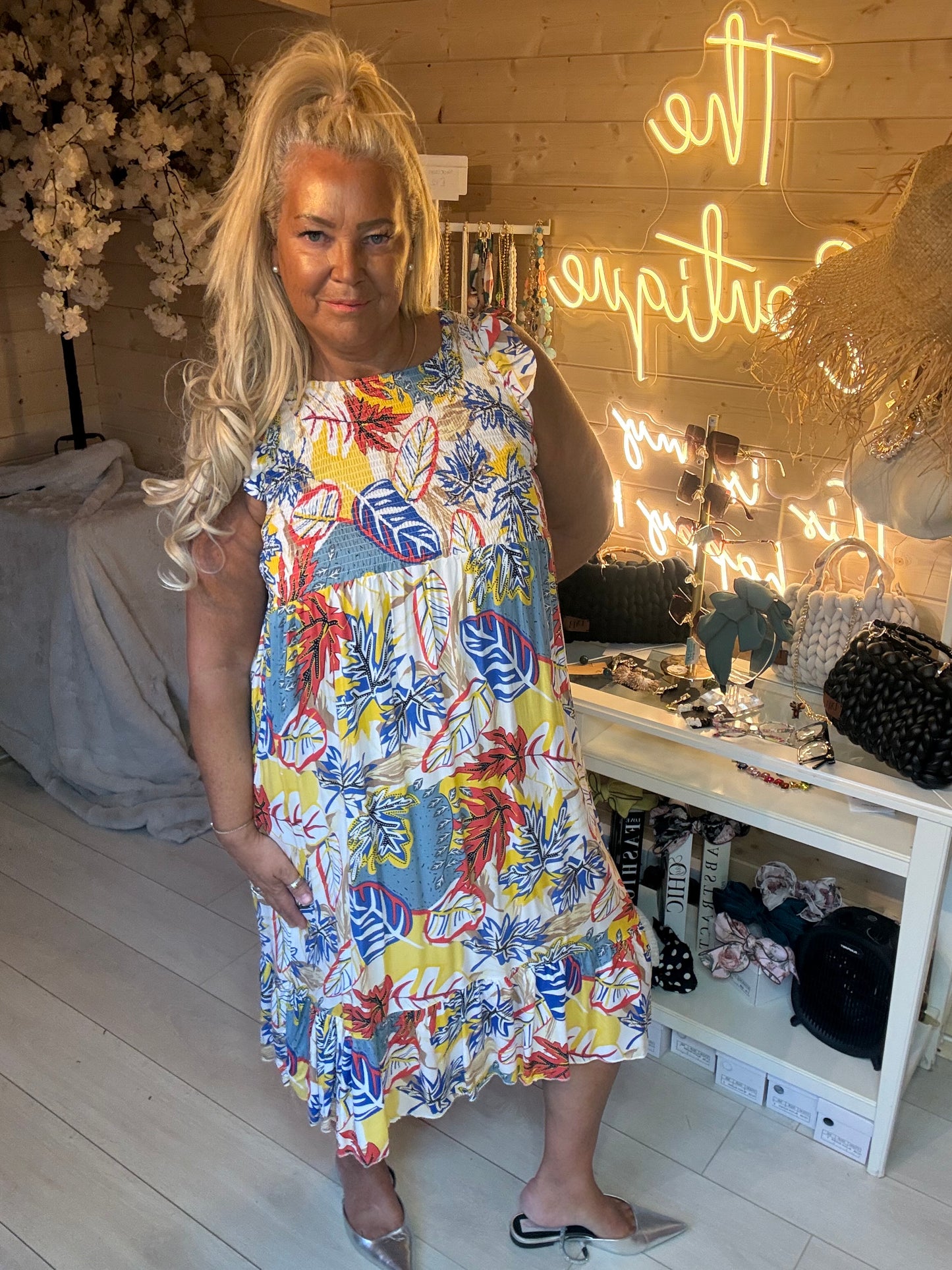 Tropez Tropical Print Smocked Tiered Midi Dress One Size 8-18
