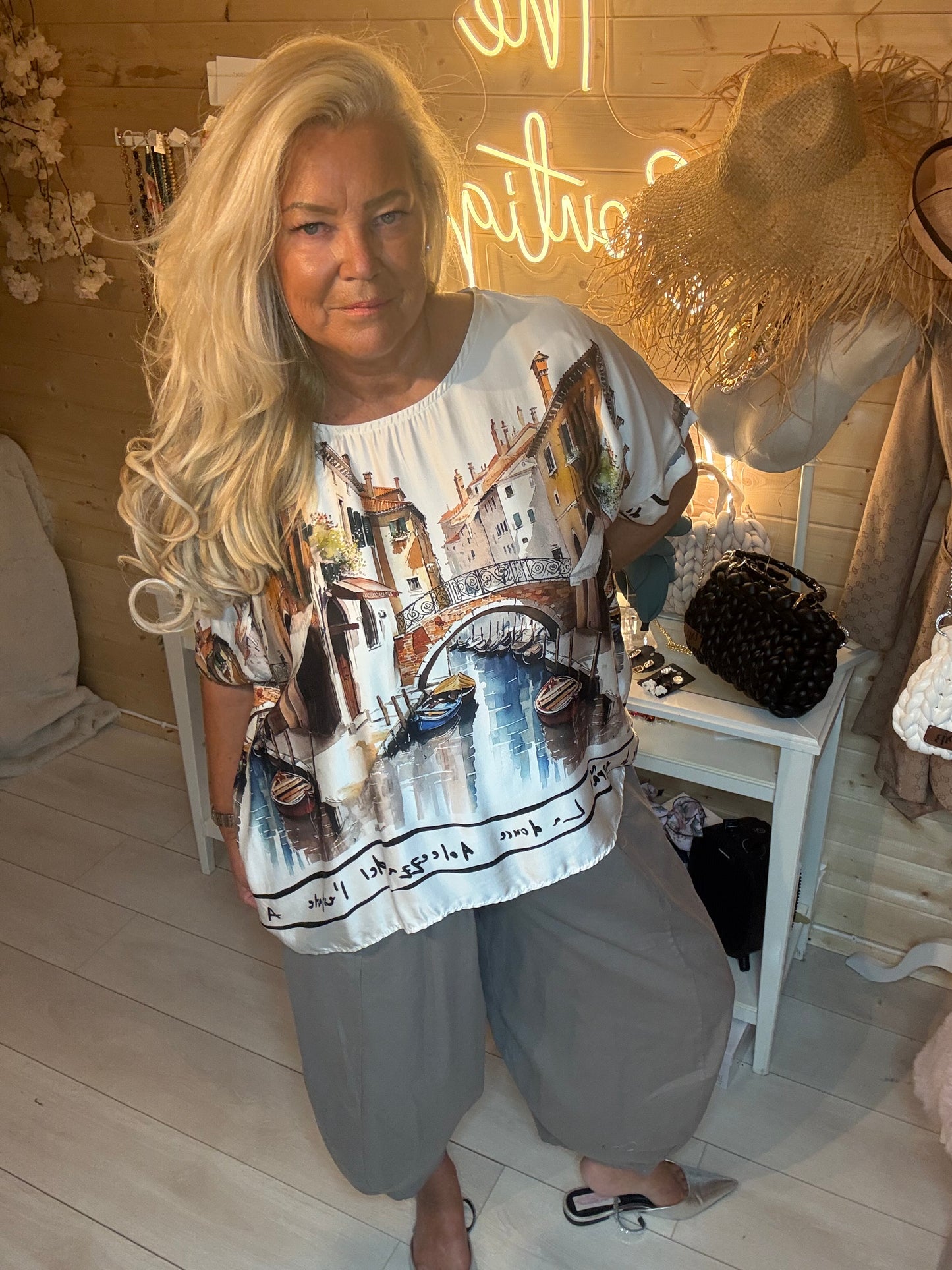 Venezia Venice Canal Print Satin Top One Size 8-18