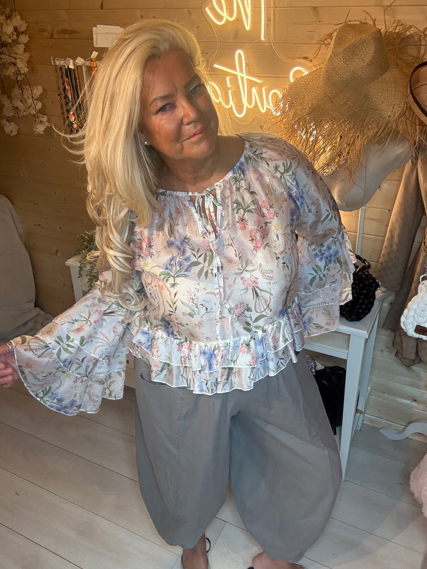 Florette Floral Ruffle Bell Sleeve Top One Size 8-18